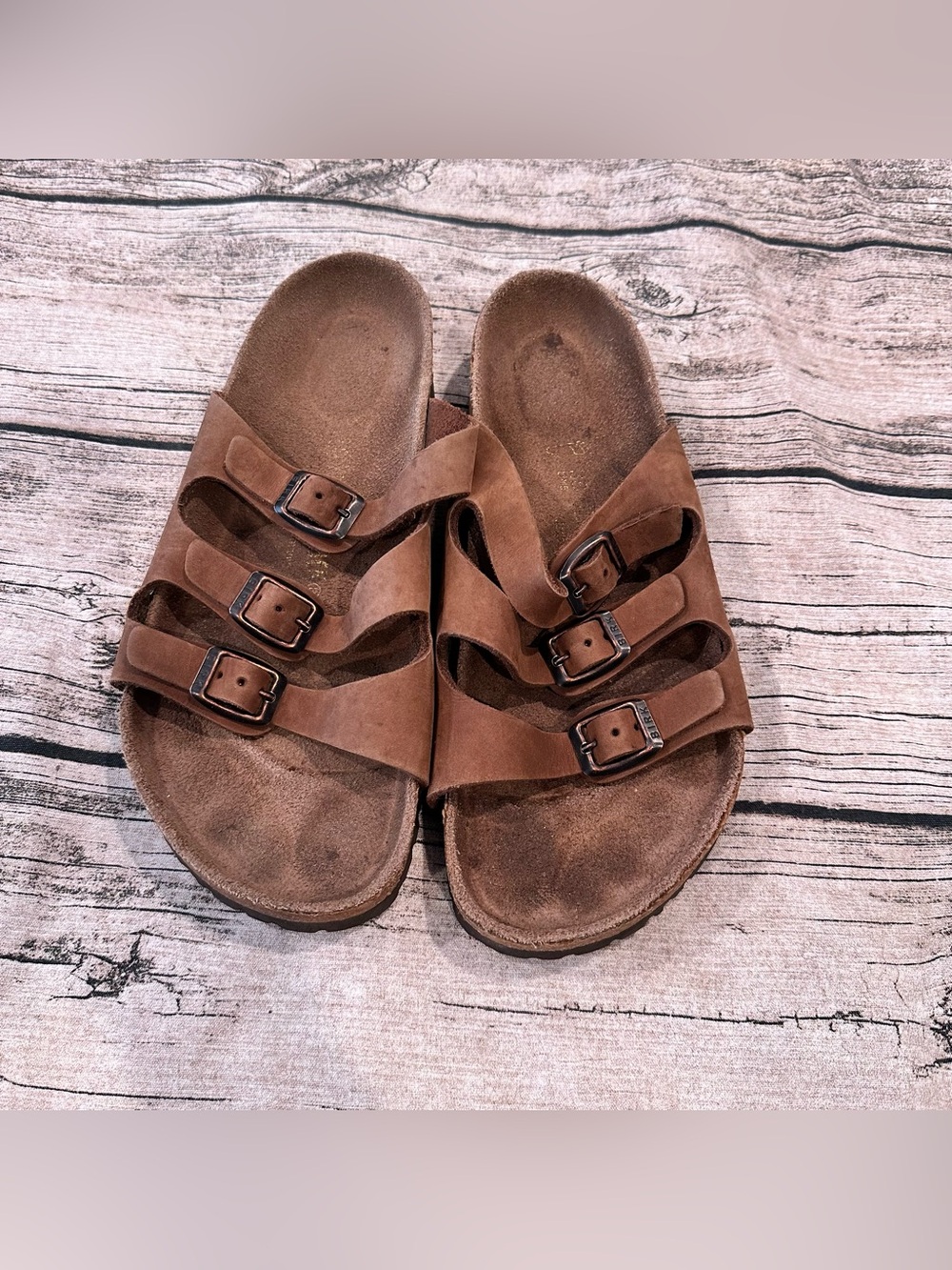 Birkenstock Triple Strap Florida Brown Leather Slide Sandals Size 38